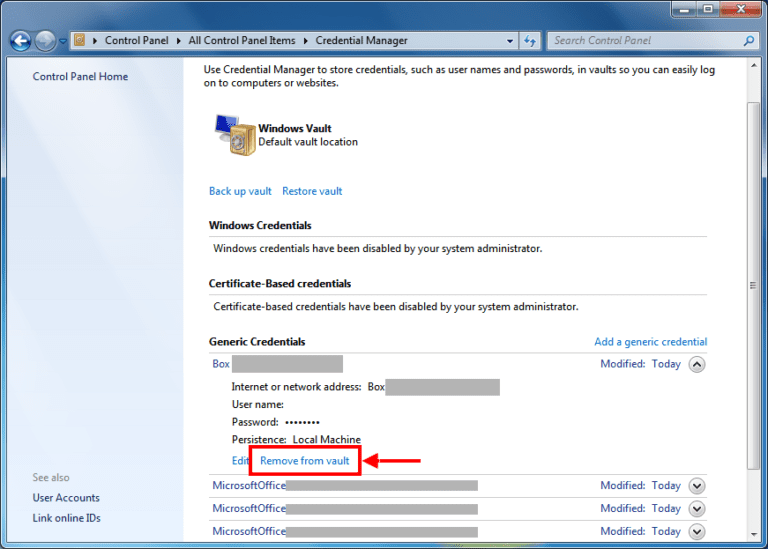 delete skype for business credential manager