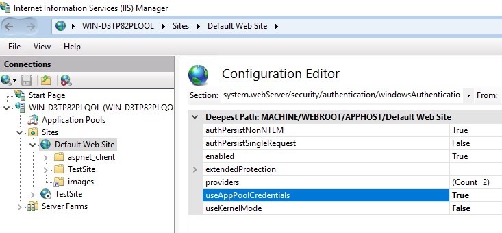 Enable useAppPoolCredentials to bypass IIS binding limit
