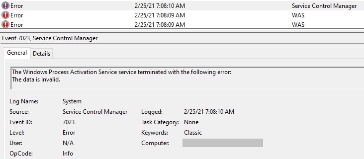 Event 7023 for Service Control Manager